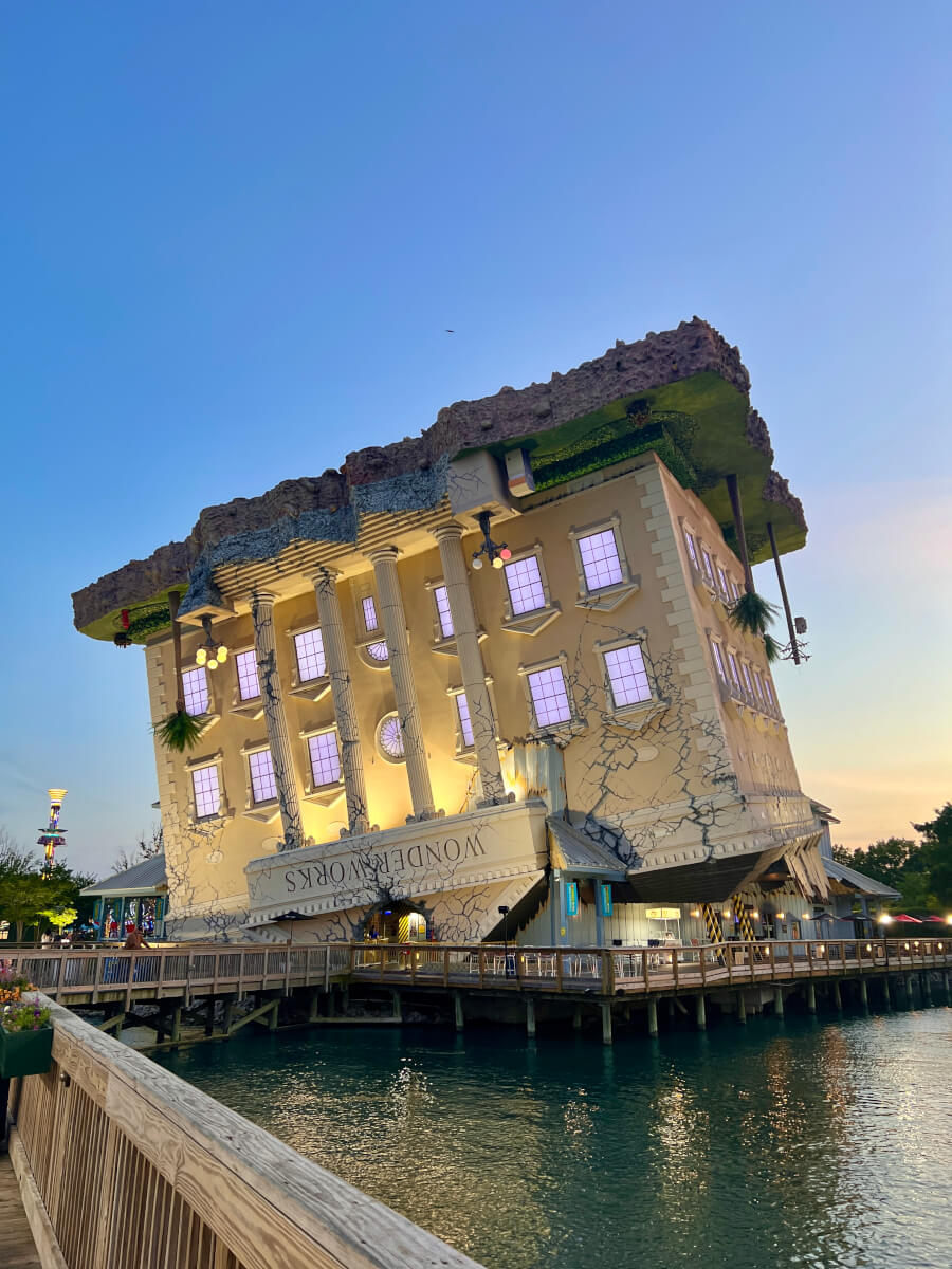 The iconic upside-down building of WonderWorks Myrtle Beach, featuring interactive exhibits and thrilling experiences for all ages.