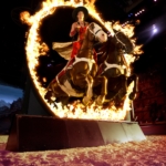 A woman in red stands on two horses and jumps through a ring of fire at Dolly Parton's Stampede in Pigeon Forge, TN.