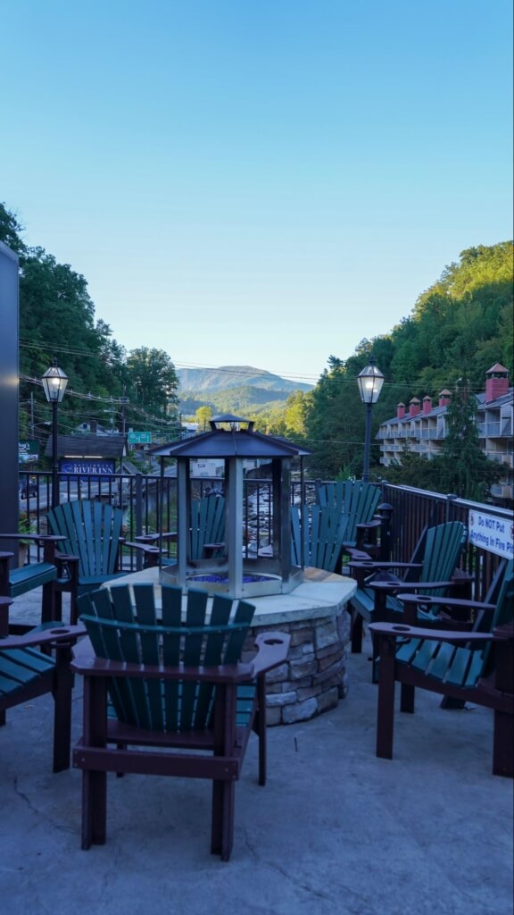 a cozy fire pit at one of the Gatlinburg hotels on the strip
