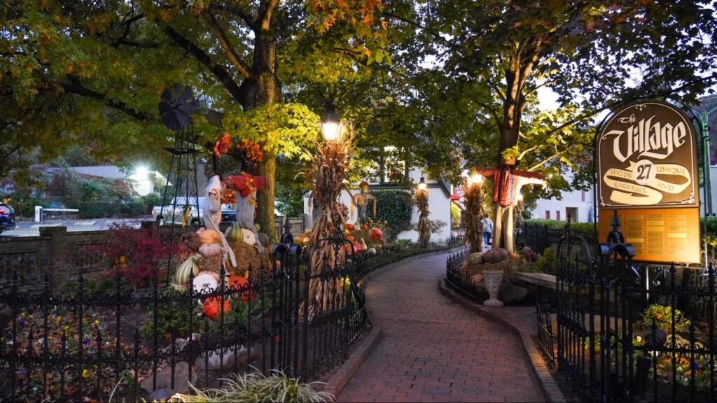 a red brick path leads you into the Village Shops in Gatlinburg