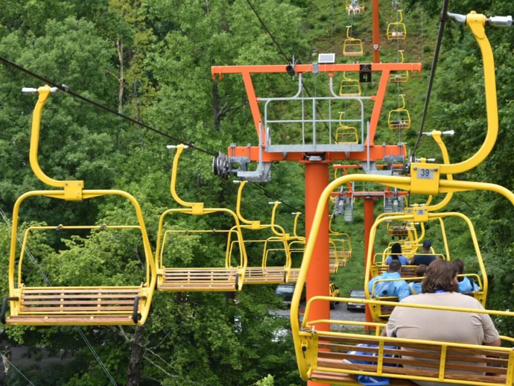 A photo of people riding on the Gatlinburg Skylift.
