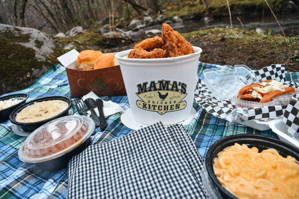 Picnic with a bucket of fried chicken from Mama's Chicken Kitchen in Gatlinburg